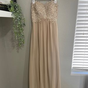 Tan/cream designer bridesmaid dress, fits like a size 4. Only worn once!